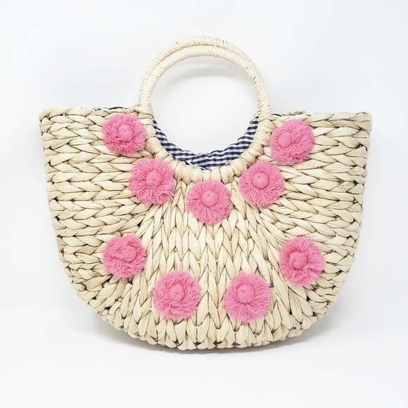 Summer rattan beach tote bag with pom pom barbiecore pink - Picture 1 of 7